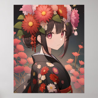 The young girl in the flowered kimono poster