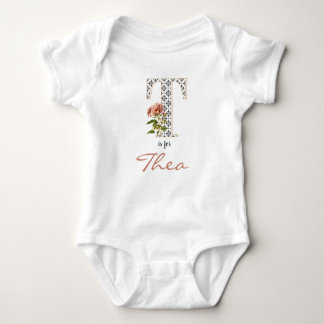 Thea name Reveal Floral Letter T Pink Flower Girl Baby Bodysuit
