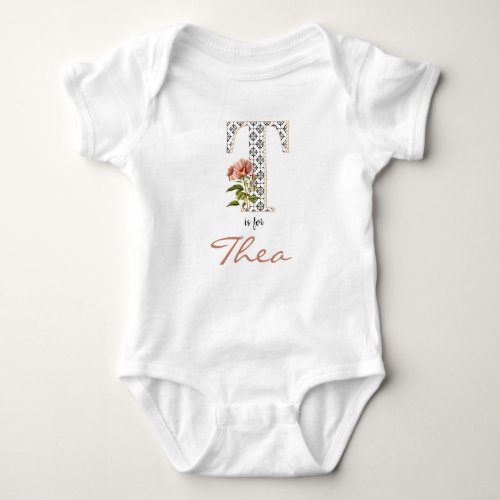  Thea name Reveal Floral Letter T Pink Flower Girl Baby Bodysuit