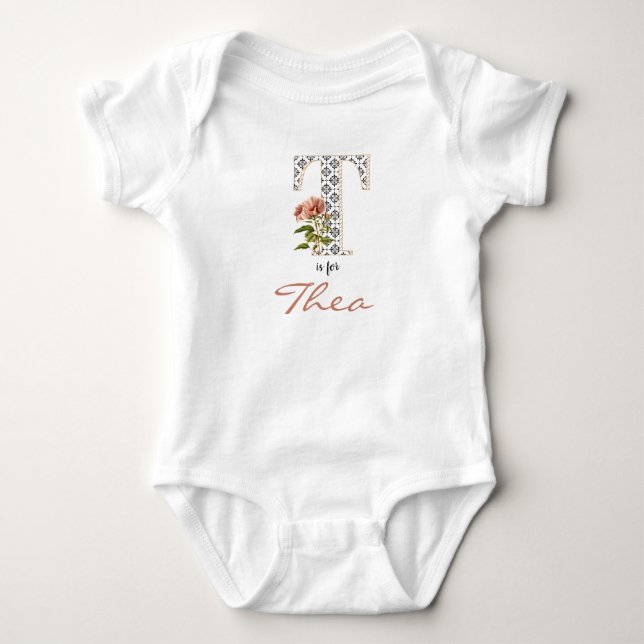  Thea name Reveal Floral Letter T Pink Flower Girl Baby Bodysuit (Front)