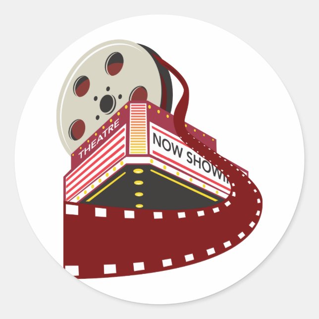 theater cinema building with film reel rolling out classic round sticker (Front)