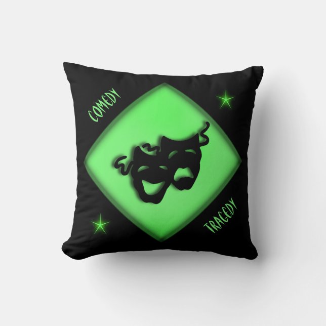 Theater Happy Sad Greek Masks Green Throw Pillow (Front)