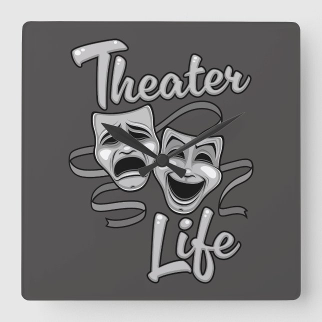 Theater Life Comedy and Tragedy Masks Square Wall Clock (Front)