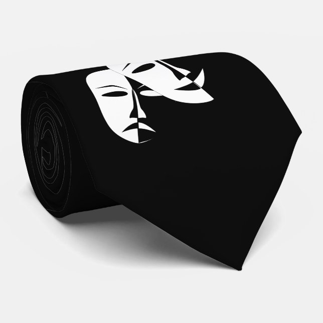 Theater Mask Comedy Tragedy Black White B Neck Tie (Rolled)