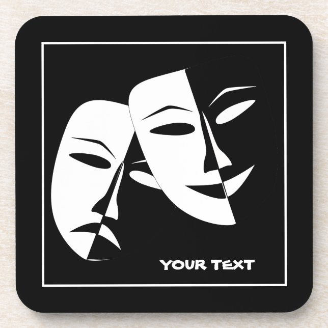 Theater Mask Comedy Tragedy Black White Custom Beverage Coaster (Front)
