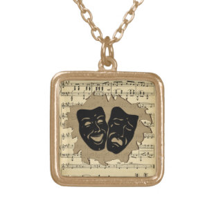 Theater Masks and Antique Music Gold Plated Necklace