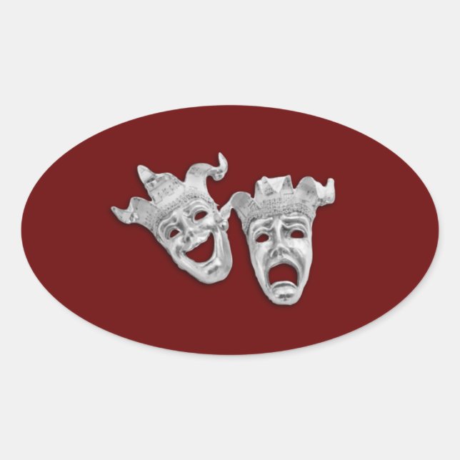 Theater Masks Design Maroon Oval Sticker (Front)