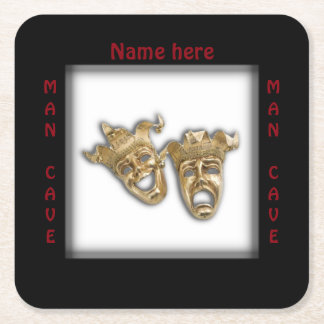 Theater Masks Man Cave Name Square Paper Coaster