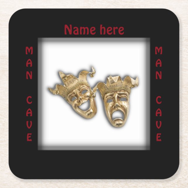 Theater Masks Man Cave Name Square Paper Coaster (Front)