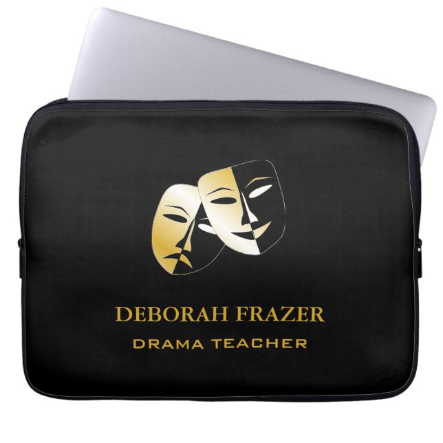 Theater masks silhouette black laptop sleeve (Front)