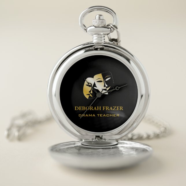 Theater masks silhouette black pocket watch (Inside)