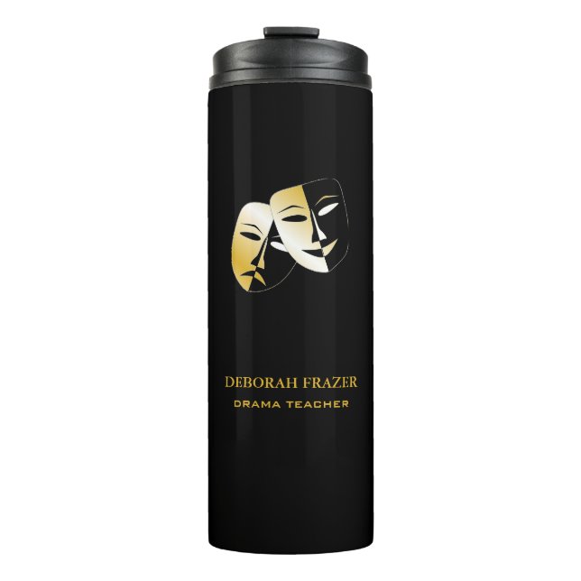 Theater masks silhouette black thermal tumbler (Front)
