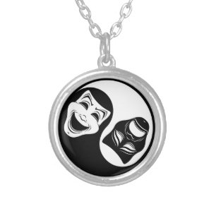 Theater Yin Yang Design - Comedy and Tragedy Masks Silver Plated Necklace