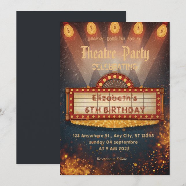 Theatre Marquee Party Invitation – Birthday invite (Front/Back)