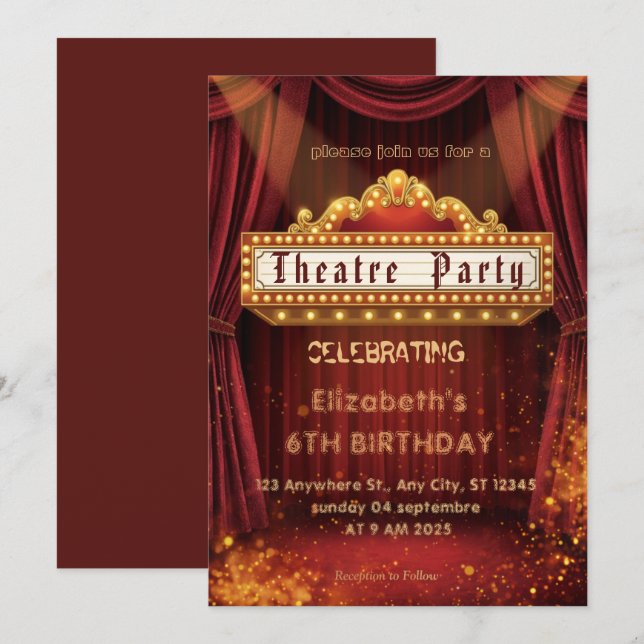 Theatre Marquee Party Invitation – Birthday invite (Front/Back)