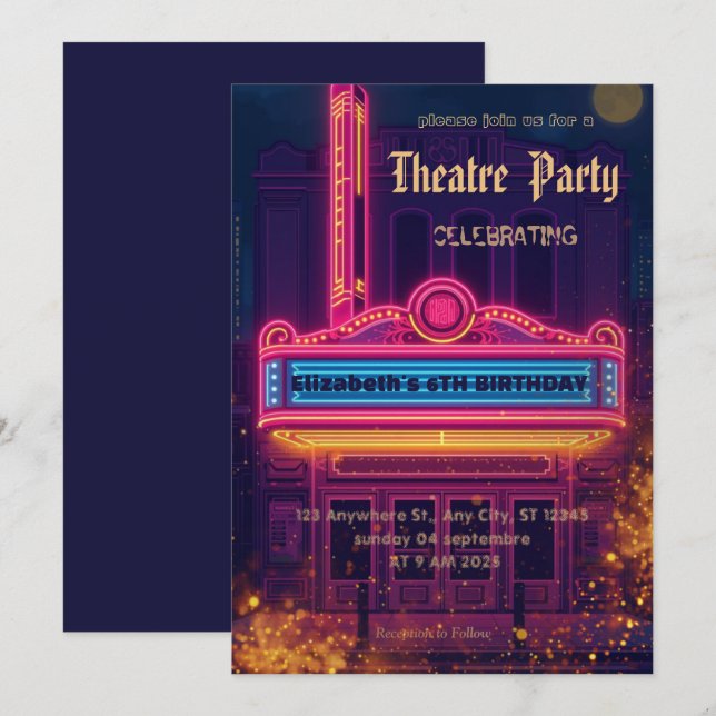 Theatre Marquee Party Invitation – Birthday invite (Front/Back)