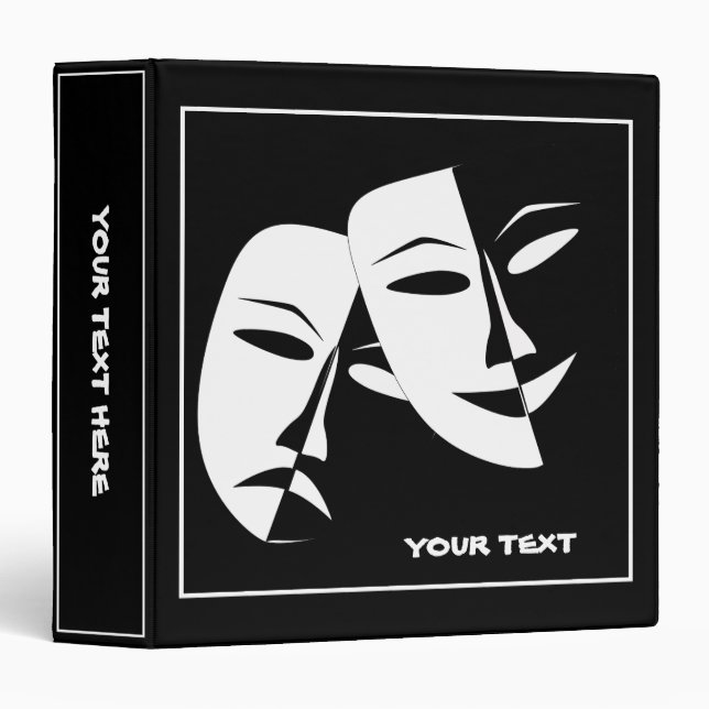 Theatre Mask Comedy Tragedy Black White Custom 3 Ring Binder (Front/Spine)