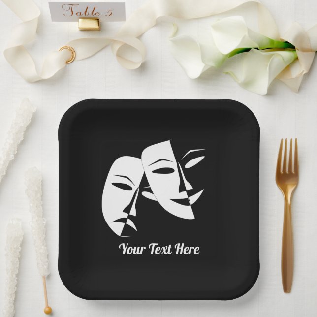 Theatre Mask Comedy Tragedy Black White Custom 9" Paper Plates (Wedding)