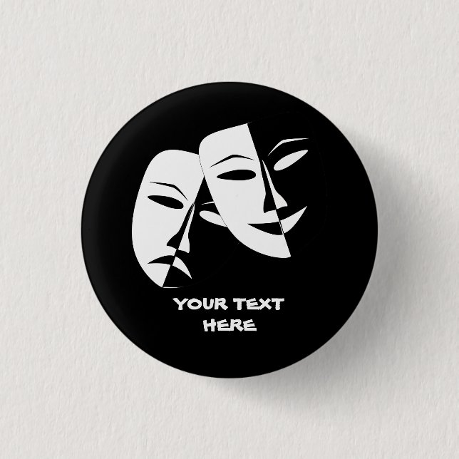 Theatre Mask Comedy Tragedy Black White Custom Button (Front)