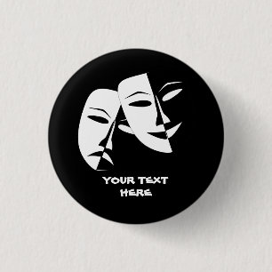Theatre Mask Comedy Tragedy Black White Custom Button