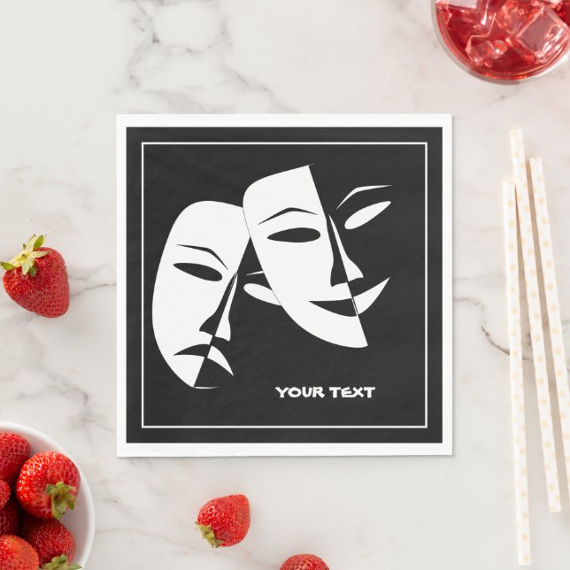 Theatre Mask Comedy Tragedy Black White Custom Napkins (Insitu)