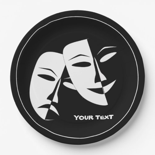 Theatre Mask Comedy Tragedy Black White Custom Paper Plates