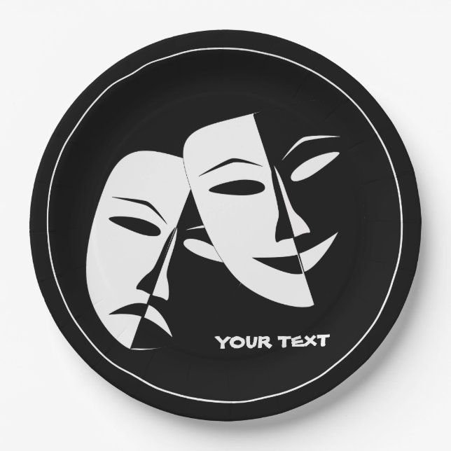 Theatre Mask Comedy Tragedy Black White Custom Paper Plates (Front)