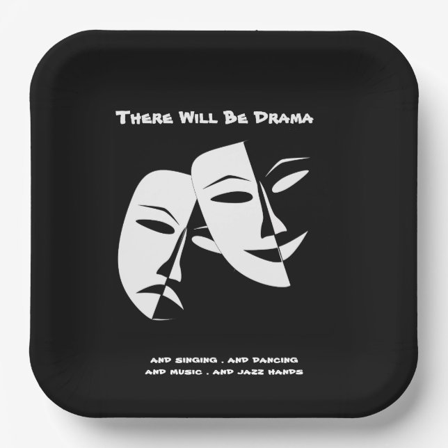 Theatre Mask Comedy Tragedy Black White Drama 9" Paper Plates (Front)