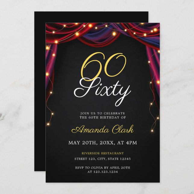 Theatrical Red Curtains with Lights 60th Birthday Invitation (Front/Back)