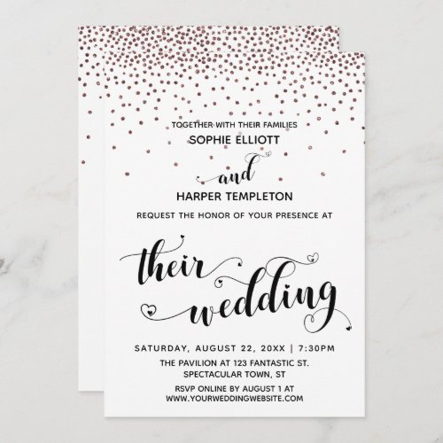 Their Wedding Hearts Script Rose Gold Confetti Invitation