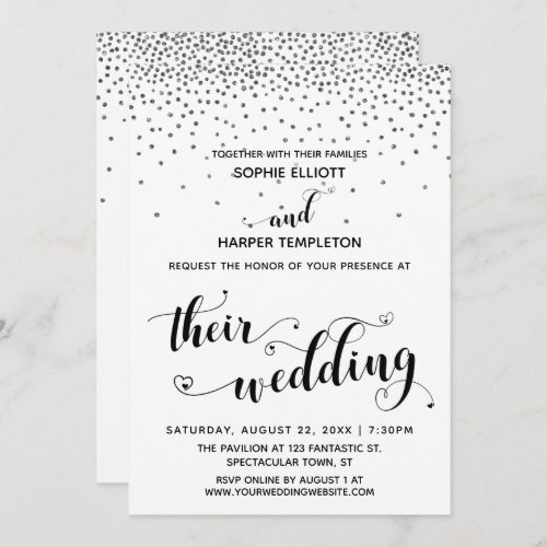 Their Wedding Hearts Script Silver Confetti Invitation