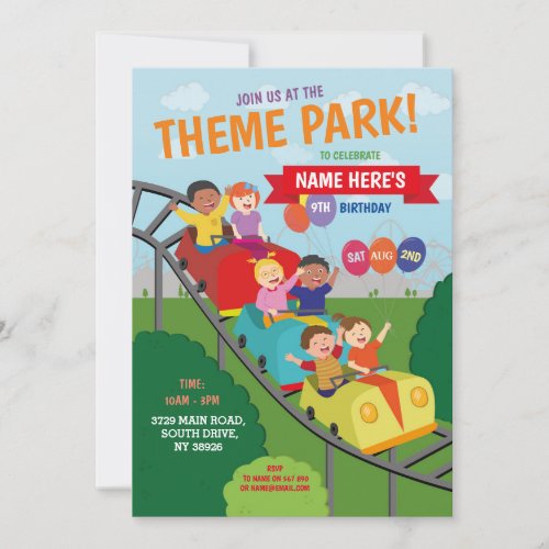 Theme Park Rollercoaster Rides Birthday Party Invitation