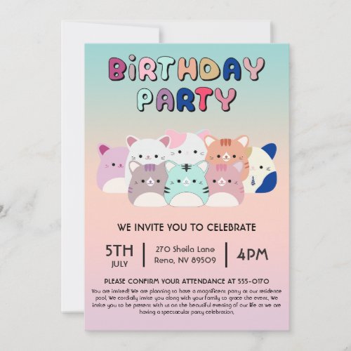 Themed Cat Squishmallow Birthday Party Invitation