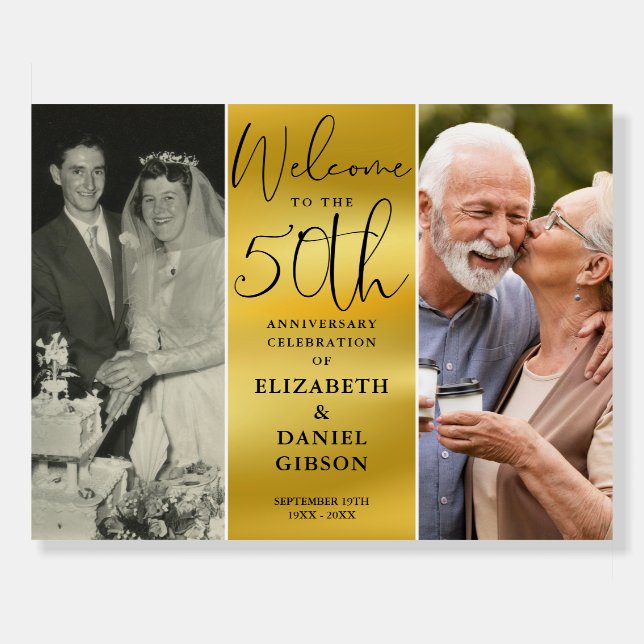 Then And Now 2 Photo 50th Anniversary Welcome Sign (Front)