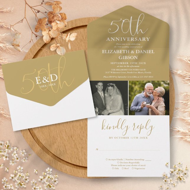 Then And Now 2 Photo 50th Wedding Anniversary Gold All In One Invitation (Then And Now 2 Photo 50th Wedding Anniversary Gold All In One Invitation)