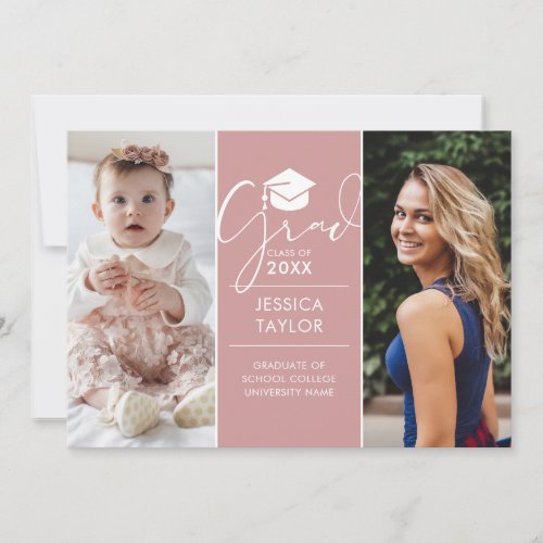 Then And Now 2 Photo Pink Graduation Party Invitation