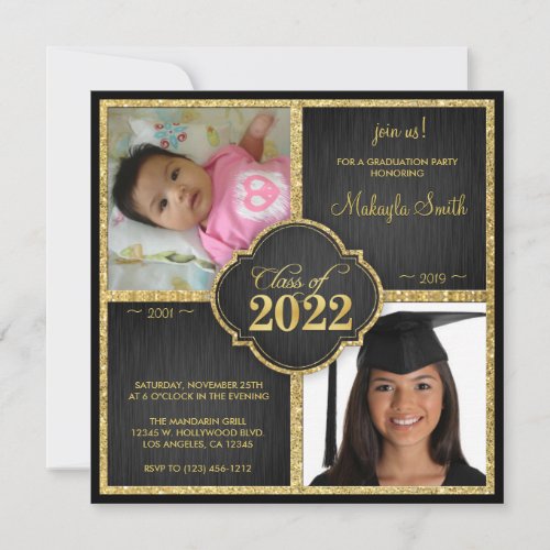 Then and Now Black and Gold Glitter Class of 2022 Invitation