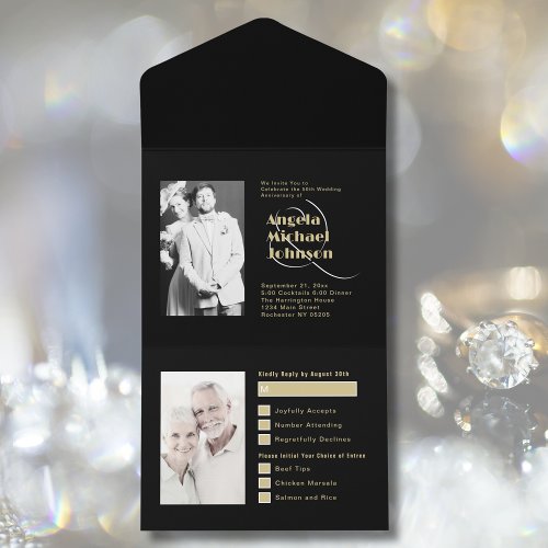 Then and Now Black Gold 50th Wedding Anniversary All In One Invitation