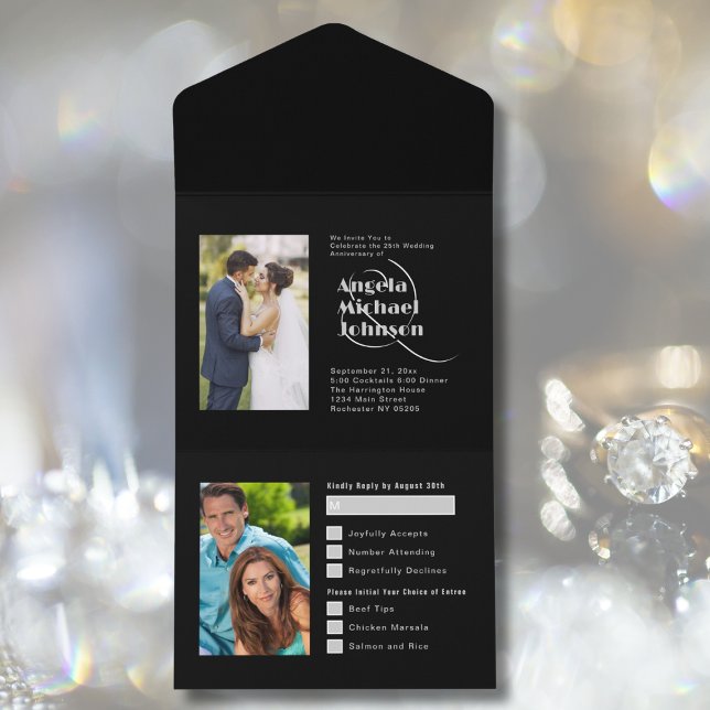Then and Now Black Silver 25th Wedding Anniversary All In One Invitation (Creator Uploaded)