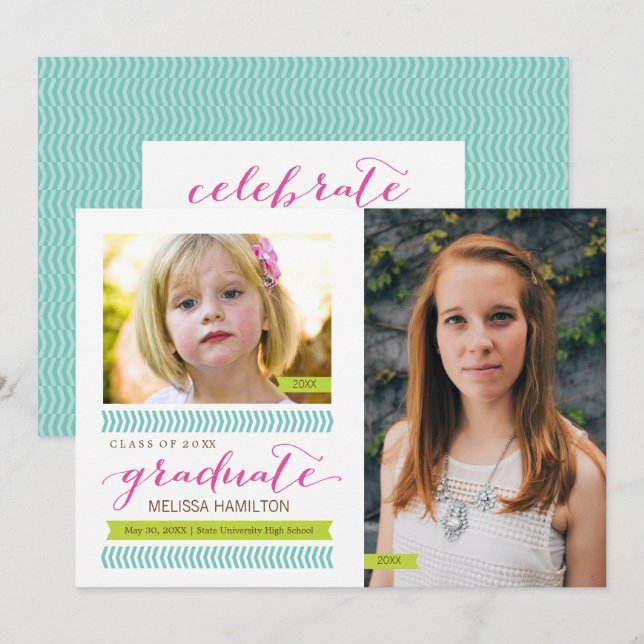 Then and Now Mint & Pink Chevron Photo Graduation Invitation (Front/Back)