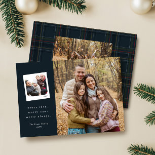 Then and now photos navy plaid Merry Christmas Holiday Card