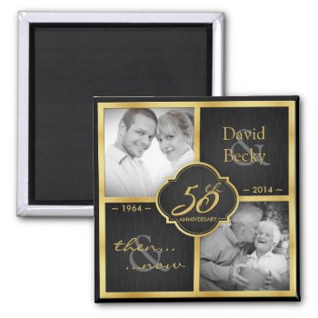 Then & Now Elegant Black And Gold 50th Wedding Magnet by weddingsNthings at Zazzle