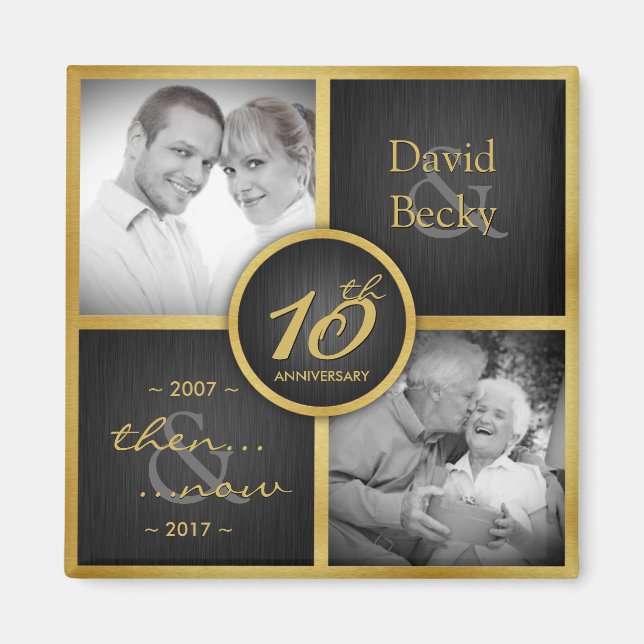 Then & Now Elegant Black & Gold 10th Wedding 2017 Magnet (Front)