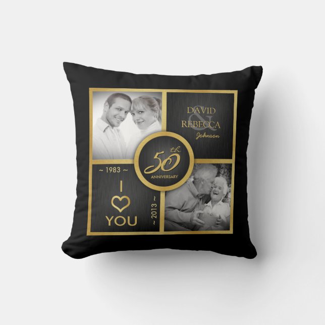 Then & Now - Elegant black & gold 50th Wedding Throw Pillow (Front)