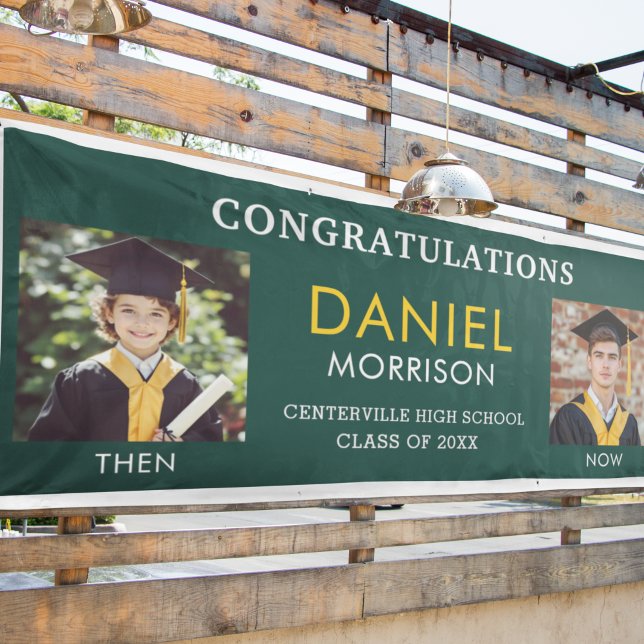 Then & Now Emerald Green Gold Photo Graduation Banner (Creator Uploaded)
