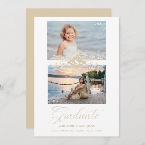 Then  Now Gold Lace Flourish Graduation Photo Invitation