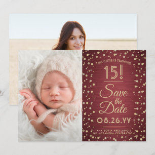 Then & Now Photos Quinceañera Burgundy and Gold Save The Date