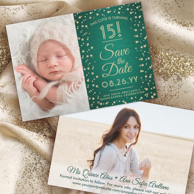 Then & Now Photos Quinceañera Green & Gold Glitter Save The Date (Creator Uploaded)