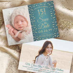Then & Now Photos Quinceañera Teal & Gold Glitter Save The Date