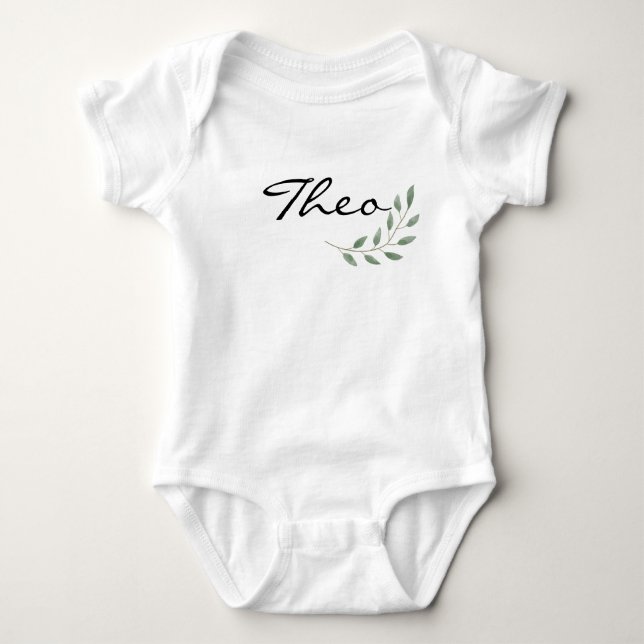 Theo Name Reveal Clothing Nature Leaf Botanical Baby Bodysuit (Front)